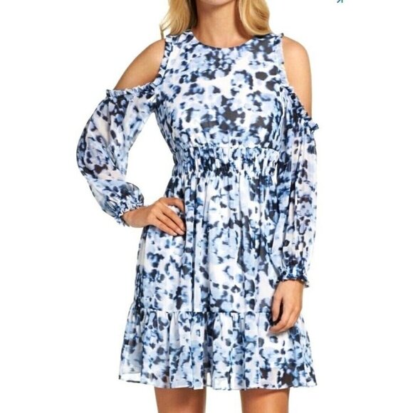 Eliza J Blue Watercolor Animal Print Long Sleeve Cold Shoulder Dress Womens 8 - Picture 1 of 11